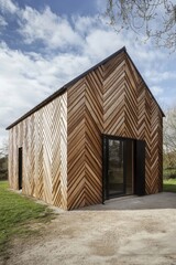 Fototapeta premium A contemporary wooden structure showcases a beautifully intricate herringbone design, beautifully set against a backdrop of a clear blue sky amidst a serene and tranquil natural environment