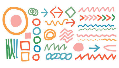 Collection of colorful hand drawn shapes and lines