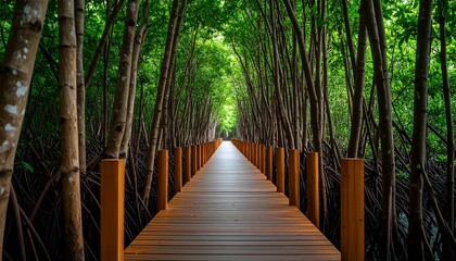 Obraz premium Bamboo pathways winding through dense mangroves, elevated structures preserving the delicate ecosystem below with minimal impact