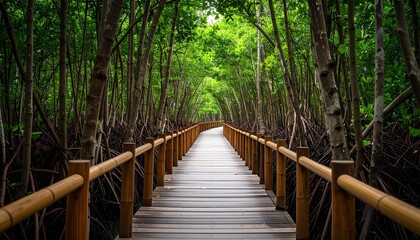 Obraz premium Bamboo pathways winding through dense mangroves, elevated structures preserving the delicate ecosystem below with minimal impact