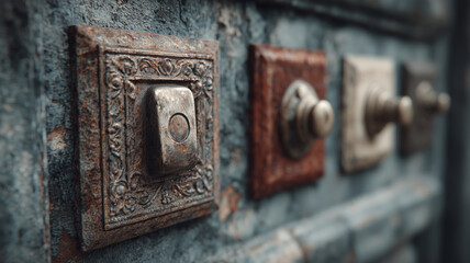 Worn and weathered vintage elevator buttons reveal a history of use