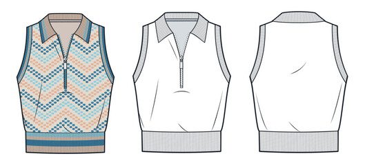 Knit Half Zip Polo Sweater Vest Technical Fashion Illustration. Polo Shirt fashion flat technical drawing template, sleeveless, front and back view, white, women, men, unisex CAD mockup set. © Liubov Hladka