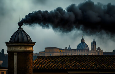 Black smoke rising from chimney on Vatican rooftop, Papal conclave. No new pope elected