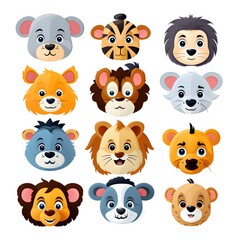 Obraz premium Playful Cartoon Animal Faces Vector Illustration for Children's Book Covers and Stationery Designs