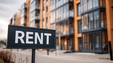 Ultra quality image of for rent sign in front of a modern apartment building. Real estate concept.