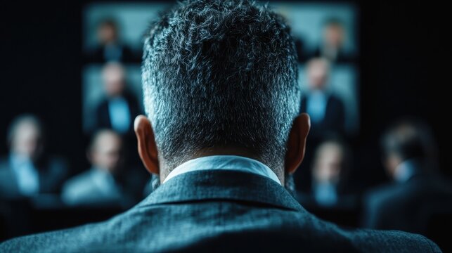 A businessman sits attentively during a video conference meeting, showcasing a professional environment filled with multiple screens, indicating focus and strategic discussion.
