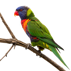 Obraz premium A vibrant rainbow lorikeet perched on a branch. The bird displays bright green, blue, yellow, and red plumage, showcasing its colorful feathers.