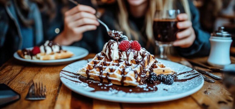 Delicious waffles with chocolate and berries, enjoyed at a cafe - Powered by Adobe