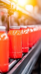 Orange juice bottling process under warm industrial lighting