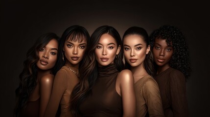 Obraz premium Diverse group of five young women in stylish dark brown attire against dark background