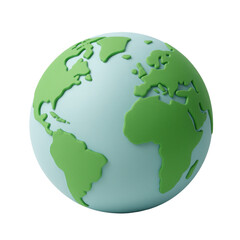 3d cartoon plastic icon of planet Earth with green continents and blue oceans, rotating on transparent background, perfect for environmental concepts