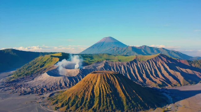 A mountain range with a volcano in the middle