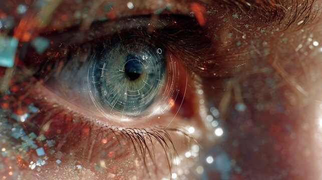  woman's eye with rotating HUD circles, vibrant colors of blue, green, and red in a futuristic style, glowing data and light effects