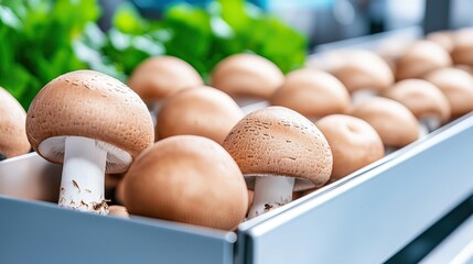 Fresh brown mushrooms in metal container at market