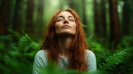 Naklejka premium This tranquil image features a young woman with red hair, standing amidst lush ferns in a sunlit forest, embodying peace, reflection, and a deep connection to nature.