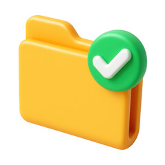 3d icon cartoon plastic folder icon with green check mark showing verification, on a transparent background