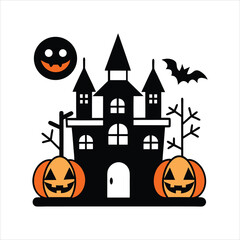 Halloween Silhouette Line Art on White Background