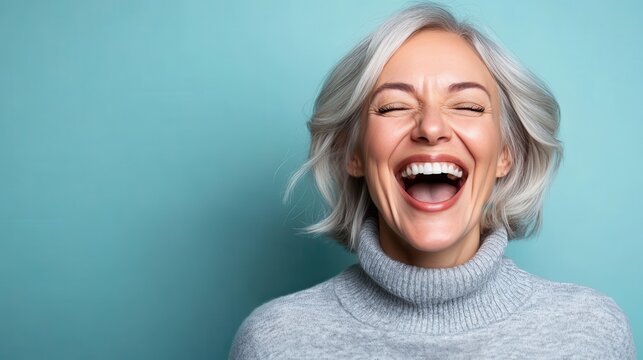 A joyful woman in a cozy sweater radiates happiness with a big laugh, embodying positivity and approachability in a light-hearted and vibrant atmosphere full of energy.