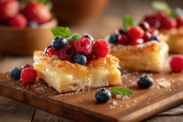 Puff pastry squares filled with creamy delight topped with fresh berries on a wooden platter