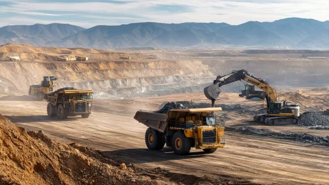 Large quarry dump truck. Big yellow mining truck at work site. Loading coal into body truck. Production useful minerals. Mining truck mining machinery to transport coal from open-pit production