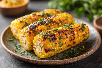 Grilled corn on the cob topped with spicy chili butter and fresh herbs for a summer treat