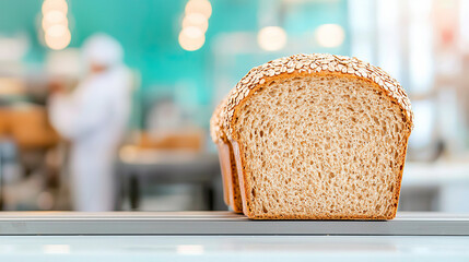 Freshly baked whole wheat bread loaf with oats in artisan bakery setting