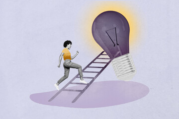 Pop trend collage of woman stand run ladder to light bulb on purple background