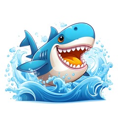 Adorable Shark Surfing Cartoon in Ocean Scene Illustration for Projects