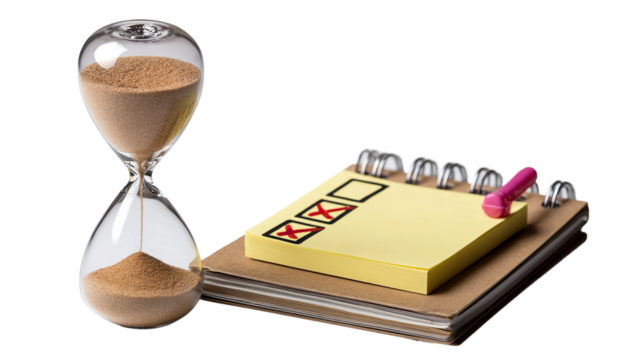 An hourglass and a notepad with checkboxes in a still life, represents the concept of time management, task completion, and planning.