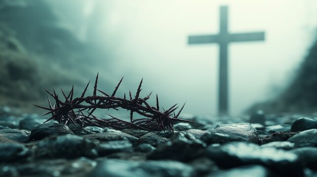 Easter composition featuring a crown of thorns resting on rugged stones, with a blurred wooden cross in the misty background, symbolizing sacrifice, resurrection, and Christian faith