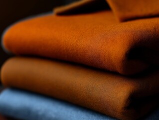 Textured fabric stack featuring warm orange, deep brown, and soft blue textiles, showcasing rich colors and luxurious materials, ideal for fashion and interior design projects