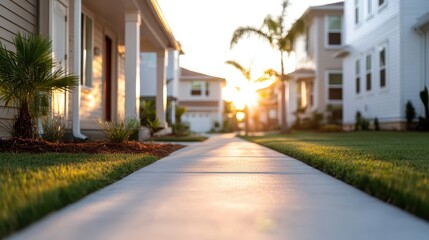 Fototapeta premium A serene pathway meanders through residential homes, bathed in warm sunset light. This scene evokes tranquility and a sense of community in beautiful surroundings.
