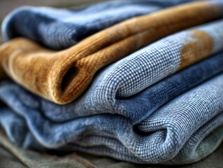 Textured fabric rolls in various colors, showcasing intricate patterns and soft materials, arranged in a cozy stack, ideal for textile design and home decor inspiration