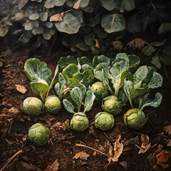 Fresh Brussels sprouts growing in a dark soil vegetable garden, organic farming concept.