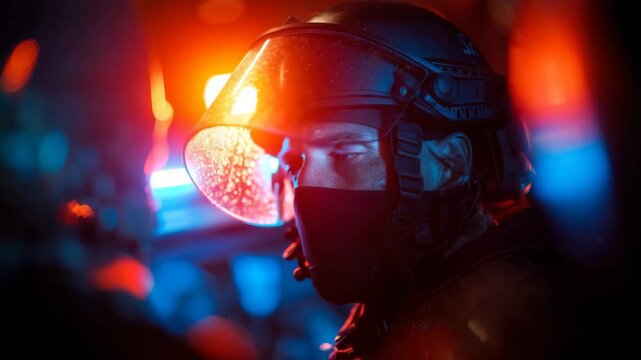 Police officers in helmets clearing protests at night under the light of red and blue beacons.