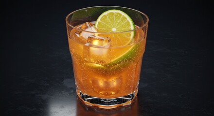 Refreshing citrus cocktail with ice cubes on a dark background