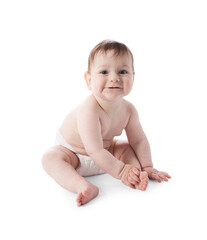 Cute little baby in diaper sitting on white background