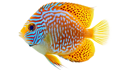 A captivating and vibrant discus fish gracefully swims, showcasing its exquisite patterns and colors against a neutral background. A true underwater marvel.