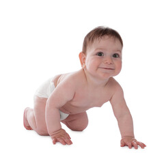 Cute little baby crawling on white background