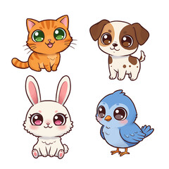 Fototapeta premium Cute cartoon animals set featuring cat dog rabbit bird kawaii style big eyes friendly