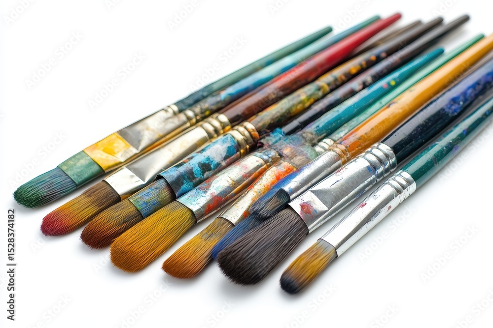 Poster Row of used paint brushes with various colors and sizes on white background create vibrant and artistic effect
