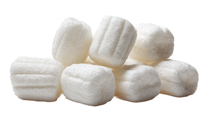 A pile of small, white, biodegradable packing peanuts, showcasing their lightweight and cushioning properties for safe product shipping.