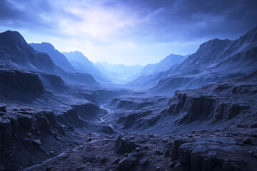 Majestic mountain valley at dusk with dramatic sky and misty horizon