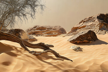 Rough-surfaced boulders set in a sand field in the desert, with weather-worn edges. Dry brown sand forming undulating sand dunes, uneven surface. Wrinkled, rough and rugged dry tree branches.