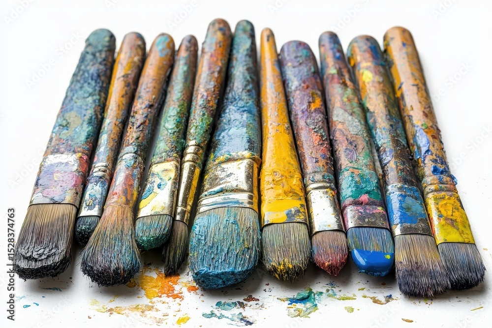 Poster Row of used paint brushes with various colors and sizes on white background create vibrant and artistic effect