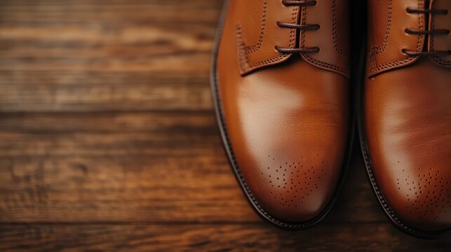 A close-up of polished brown dress shoes displayed on a rustic wooden surface, symbolizing style, craftsmanship, and elegance, perfect for formal occasions or professional settings.