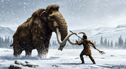 Prehistoric encounter: human facing woolly mammoth in snowy landscape