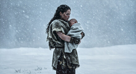 Woman in snowy wilderness cradling baby, embracing survival and adventure in extreme conditions