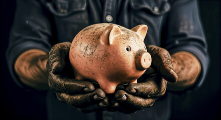 Dirty hands cradling piggy bank: symbol of savings and hard work