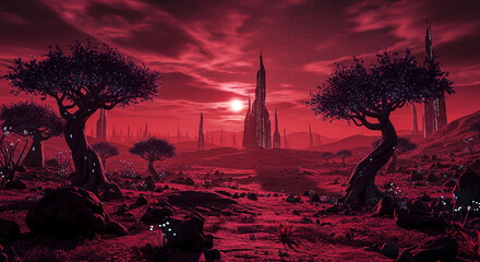 Alien landscape at sunset with surreal red sky and futuristic city in distance